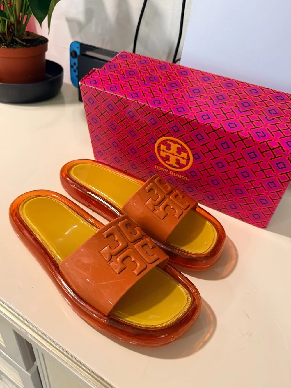 Orange Logo Slide Sandals with Yellow Footbed